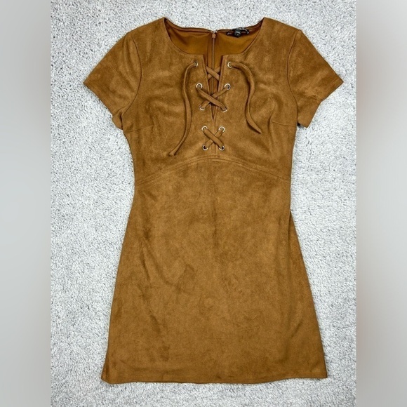 Express Dresses & Skirts - Express Dress Womens 2 Lace Up Neck Faux Suede Camel Mini Western Country Party